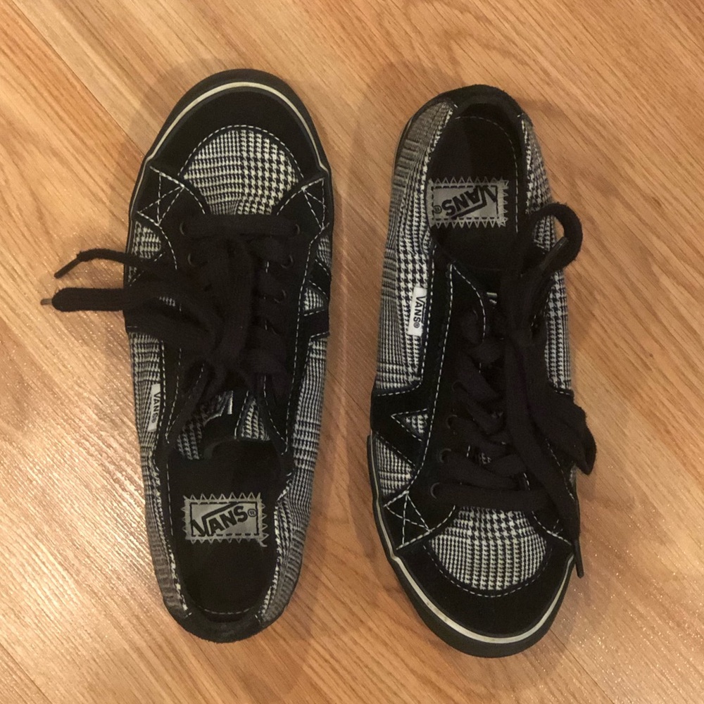 Black and white plaid Vans canvas shoes